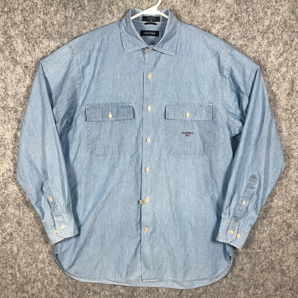 Nautica Men's Light Wash Denim Long Sleeve Button Down Shirt Medium Blue